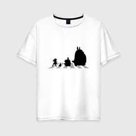 Женская футболка хлопок Oversize с принтом Totoro Beatles в Петрозаводске, 100% хлопок | свободный крой, круглый ворот, спущенный рукав, длина до линии бедер
 | abbey road | beatles | forest | friend | ghibli | japan | keeper | miyazaki | music | nature | neigbor | neighbo | rock | totoro | анимация | аниме | битлз | гибли | друг | животные | лес | любовь | милый | мир | миядзаки | музыка | мульт | мультфильм | п