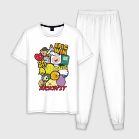 Мужская пижама хлопок с принтом Heroes Adventure Time в Петрозаводске, 100% хлопок | брюки и футболка прямого кроя, без карманов, на брюках мягкая резинка на поясе и по низу штанин
 | Тематика изображения на принте: adventure time | bmo | dsgngerzen | finn | ice king | jake | princess bubblegum | vdgerir | время приключений | парнишка | пёс | пес джейк | фин | финн и джейк