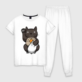 Женская пижама хлопок с принтом Totoro Maneki Neko в Петрозаводске, 100% хлопок | брюки и футболка прямого кроя, без карманов, на брюках мягкая резинка на поясе и по низу штанин | cat | forest | friend | ghibli | japan | keeper | miyazaki | nature | neigbor | neighbour | totoro | анимация | аниме | гибли | друг | животные | кот | котенок | котик | кошка | лес | любовь | милый | мир | миядзаки | мульт | мультфильм