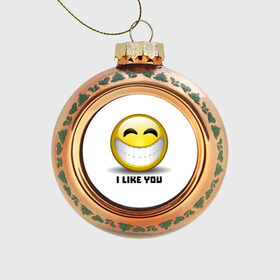 Стеклянный ёлочный шар с принтом I like you в Петрозаводске, Стекло | Диаметр: 80 мм | emoji | зубы | интернет | любовь | мем | настроение | симпатия | смайл | смайлик | улыбка | эмоджи