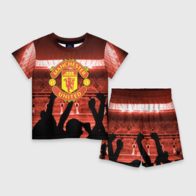 Детский костюм с шортами 3D с принтом Manchester United в Петрозаводске,  |  | champions | football | manchester | manchester united | soccer | uefa | united | world cup | лига чемпионов | манчестер | манчестер юнайтед | форма | формы | футбол | юнайтед