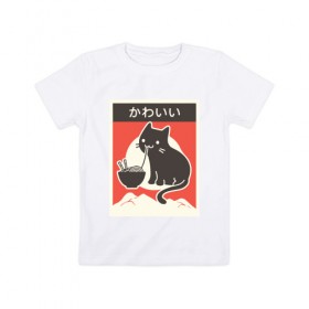 Детская футболка хлопок с принтом Котик и рамен в Петрозаводске, 100% хлопок | круглый вырез горловины, полуприлегающий силуэт, длина до линии бедер | food | kawai | kawaii | аниме | еда | кавай | китайская | корейская | кот | рамен | японская