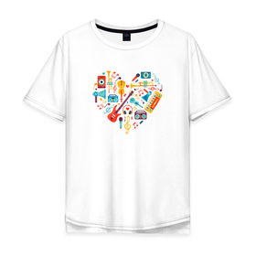 Мужская футболка хлопок Oversize с принтом Музыкальное Сердце в Петрозаводске, 100% хлопок | свободный крой, круглый ворот, “спинка” длиннее передней части | Тематика изображения на принте: музыка | музыкальное сердце | музыкальные инструменты | рисунок | сердце
