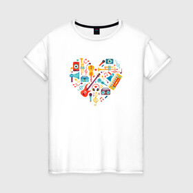 Женская футболка хлопок с принтом Музыкальное Сердце в Петрозаводске, 100% хлопок | прямой крой, круглый вырез горловины, длина до линии бедер, слегка спущенное плечо | музыка | музыкальное сердце | музыкальные инструменты | рисунок | сердце