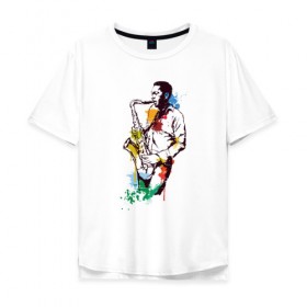 Мужская футболка хлопок Oversize с принтом Джаз в Петрозаводске, 100% хлопок | свободный крой, круглый ворот, “спинка” длиннее передней части | акварель | джаз | краски | музыка | музыкант | рисунок | саксофон | человек