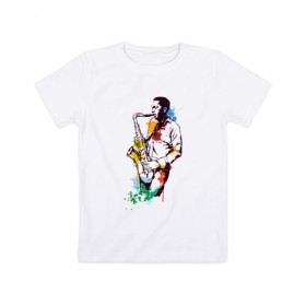 Детская футболка хлопок с принтом Джаз в Петрозаводске, 100% хлопок | круглый вырез горловины, полуприлегающий силуэт, длина до линии бедер | акварель | джаз | краски | музыка | музыкант | рисунок | саксофон | человек