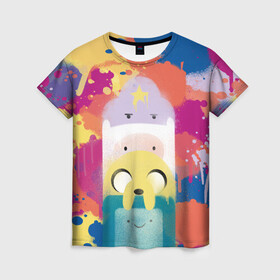 Женская футболка 3D с принтом Adventure Time в Петрозаводске, 100% полиэфир ( синтетическое хлопкоподобное полотно) | прямой крой, круглый вырез горловины, длина до линии бедер | adventure time | dsgnosadchaya | vdosadir | бимо | время приключений | джейк | пендлтон уорд | пупырка | финн