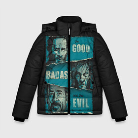 Зимняя куртка для мальчиков 3D с принтом Good Badass Evil в Петрозаводске, ткань верха — 100% полиэстер; подклад — 100% полиэстер, утеплитель — 100% полиэстер | длина ниже бедра, удлиненная спинка, воротник стойка и отстегивающийся капюшон. Есть боковые карманы с листочкой на кнопках, утяжки по низу изделия и внутренний карман на молнии. 

Предусмотрены светоотражающий принт на спинке, радужный светоотражающий элемент на пуллере молнии и на резинке для утяжки | Тематика изображения на принте: amc | carol | daryl | dixon | michonne | negan | reaction | rick | season 10 | twd | zombies | диксон | дэрил | зомби | мертвецы | мишонн | неган | реакция | рик | ходячие