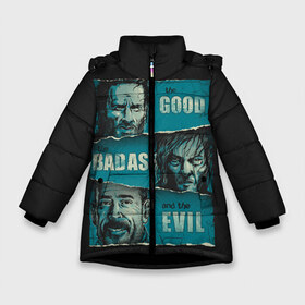 Зимняя куртка для девочек 3D с принтом Good Badass Evil в Петрозаводске, ткань верха — 100% полиэстер; подклад — 100% полиэстер, утеплитель — 100% полиэстер. | длина ниже бедра, удлиненная спинка, воротник стойка и отстегивающийся капюшон. Есть боковые карманы с листочкой на кнопках, утяжки по низу изделия и внутренний карман на молнии. 

Предусмотрены светоотражающий принт на спинке, радужный светоотражающий элемент на пуллере молнии и на резинке для утяжки. | amc | carol | daryl | dixon | michonne | negan | reaction | rick | season 10 | twd | zombies | диксон | дэрил | зомби | мертвецы | мишонн | неган | реакция | рик | ходячие