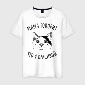 Мужская футболка хлопок с принтом Мама говорит что я красивый в Петрозаводске, 100% хлопок | прямой крой, круглый вырез горловины, длина до линии бедер, слегка спущенное плечо. | Тематика изображения на принте: memes | polite cat | вежливый котик | вежливый котик мем | котик | мама говорит что я красивый | мем с котом | мемы | приколы