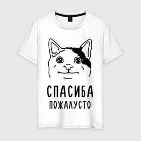 Мужская футболка хлопок с принтом Вежливый котик в Петрозаводске, 100% хлопок | прямой крой, круглый вырез горловины, длина до линии бедер, слегка спущенное плечо. | memes | polite cat | вежливый котик | вежливый котик мем | котик | мем с котом | мемы | пожалйста | приколы | спасиба пожалусто | спасибо