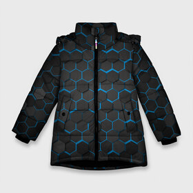 Зимняя куртка для девочек 3D с принтом OCTAGON голубой в Петрозаводске, ткань верха — 100% полиэстер; подклад — 100% полиэстер, утеплитель — 100% полиэстер. | длина ниже бедра, удлиненная спинка, воротник стойка и отстегивающийся капюшон. Есть боковые карманы с листочкой на кнопках, утяжки по низу изделия и внутренний карман на молнии. 

Предусмотрены светоотражающий принт на спинке, радужный светоотражающий элемент на пуллере молнии и на резинке для утяжки. | Тематика изображения на принте: neon octagon | octagon | голубые соты | голубые соты в неоне | неон | неоновые соты | шестиугольники
