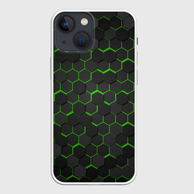 Чехол для iPhone 13 mini с принтом OCTAGON зеленый в Петрозаводске,  |  | neon octagon | octagon | зеленые соты | зеленые соты в неоне | неон | неоновые соты | шестиугольники