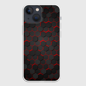 Чехол для iPhone 13 mini с принтом OCTAGON красный в Петрозаводске,  |  | neon octagon | octagon | красные соты | красные соты в неоне | неон | неоновые соты | шестиугольники