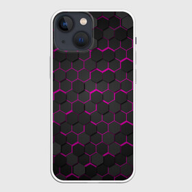 Чехол для iPhone 13 mini с принтом OCTAGON розовый в Петрозаводске,  |  | neon octagon | octagon | неон | неоновые соты | розовые соты | розовые соты в неоне | шестиугольники