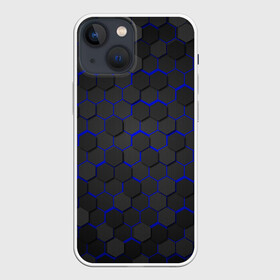Чехол для iPhone 13 mini с принтом OCTAGON синий в Петрозаводске,  |  | neon octagon | octagon | неон | неоновые соты | синие соты | синие соты в неоне | шестиугольники