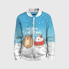 Детский бомбер 3D с принтом Molang. Merry Christmas в Петрозаводске, 100% полиэстер | застегивается на молнию, по бокам два кармана без застежек, мягкие манжеты, по низу бомбера и на воротнике — эластичная резинка | chicken | christmas | deer | korea | molang | newyear | piupiu | rabbit | smow | snowflakes | winter | год | зима | корея | кролик | моланг | новый | олень | пиу | рождество | снег | снежинка