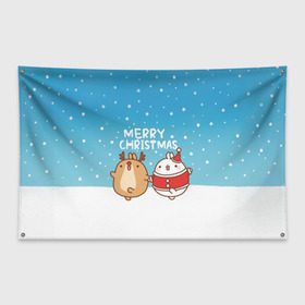 Флаг-баннер с принтом Molang Merry Christmas в Петрозаводске, 100% полиэстер | размер 67 х 109 см, плотность ткани — 95 г/м2; по краям флага есть четыре люверса для крепления | chicken | christmas | deer | korea | molang | newyear | piupiu | rabbit | smow | snowflakes | winter | год | зима | корея | кролик | моланг | новый | олень | пиу | рождество | снег | снежинка