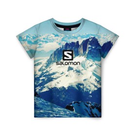 Детская футболка 3D с принтом SALOMON в Петрозаводске, 100% гипоаллергенный полиэфир | прямой крой, круглый вырез горловины, длина до линии бедер, чуть спущенное плечо, ткань немного тянется | salomon | горы | снег | спорт