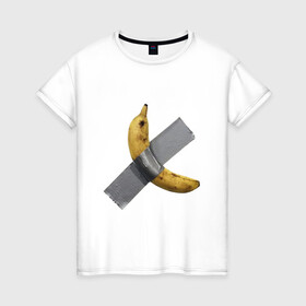 Женская футболка хлопок с принтом  Банан за 120 тысяч долларов в Петрозаводске, 100% хлопок | прямой крой, круглый вырез горловины, длина до линии бедер, слегка спущенное плечо | art basel | banan | mem | memas | meme | мем | мемас | мемчик