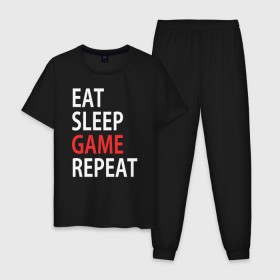 Мужская пижама хлопок с принтом Eat sleep game repeat в Петрозаводске, 100% хлопок | брюки и футболка прямого кроя, без карманов, на брюках мягкая резинка на поясе и по низу штанин
 | Тематика изображения на принте: bf | cod | cs go | dota 2 | eat sleep game repert | esgr | gamer | games | lol | mem | memes | pc | ps3 | ps4 | wow | xbox | ешь спи играй повтори | игра | игрок | игры | мем | мемы