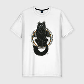 Мужская футболка хлопок Slim с принтом Йольский кот в Петрозаводске, 92% хлопок, 8% лайкра | приталенный силуэт, круглый вырез ворота, длина до линии бедра, короткий рукав | йоль | йольский кот | кот | мифы | праздник | руны | солнцестояние | черный кот