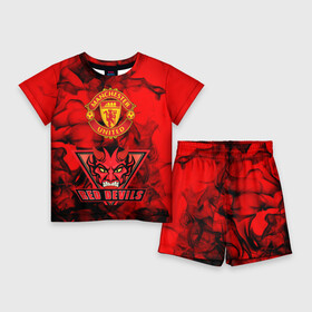 Детский костюм с шортами 3D с принтом Manchester United в Петрозаводске,  |  | manchester united | red devils | красные дьяволы | манчестер | манчестер юнайтед | футбол