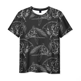 Мужская футболка 3D с принтом кони в Петрозаводске, 100% полиэфир | прямой крой, круглый вырез горловины, длина до линии бедер | животные | конный спорт | конь | лошадь | наездник | спорт