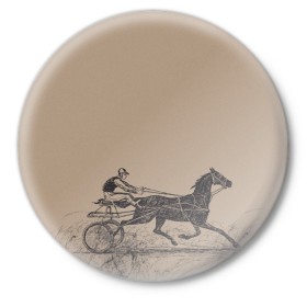 Значок с принтом лошадь с колесницей в Петрозаводске,  металл | круглая форма, металлическая застежка в виде булавки | животные | конный спорт | конь | лошадь | наездник | спорт
