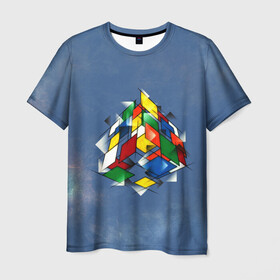 Мужская футболка 3D с принтом Кубик Рубика в Петрозаводске, 100% полиэфир | прямой крой, круглый вырез горловины, длина до линии бедер | Тематика изображения на принте: mathematica | кубик | магия. формулы | математика | наука | рубика | соберись | технарь