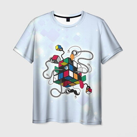 Мужская футболка 3D с принтом Кубик Рубика в Петрозаводске, 100% полиэфир | прямой крой, круглый вырез горловины, длина до линии бедер | Тематика изображения на принте: mathematica | кубик | магия. формулы | математика | наука | рубика | соберись | технарь