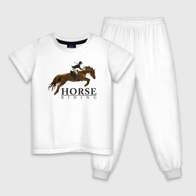 Детская пижама хлопок с принтом HORSE RIDING в Петрозаводске, 100% хлопок |  брюки и футболка прямого кроя, без карманов, на брюках мягкая резинка на поясе и по низу штанин
 | Тематика изображения на принте: животные | конный спорт | конь | лошадь | наездник | спорт | стикер