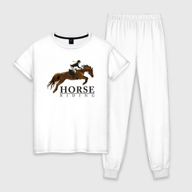 Женская пижама хлопок с принтом HORSE RIDING в Петрозаводске, 100% хлопок | брюки и футболка прямого кроя, без карманов, на брюках мягкая резинка на поясе и по низу штанин | животные | конный спорт | конь | лошадь | наездник | спорт | стикер