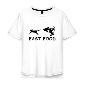 Мужская футболка хлопок Oversize с принтом Fast food (черный) в Петрозаводске, 100% хлопок | свободный крой, круглый ворот, “спинка” длиннее передней части | fast food | бег | быстрая еда | быстро | догнать | домашние животные | животные | забавные животные | кот | кот и пес | кошка | ловить | любителю собак | пес | преследовать | прикол | смешное