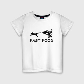 Детская футболка хлопок с принтом Fast food (черный) в Петрозаводске, 100% хлопок | круглый вырез горловины, полуприлегающий силуэт, длина до линии бедер | fast food | бег | быстрая еда | быстро | догнать | домашние животные | животные | забавные животные | кот | кот и пес | кошка | ловить | любителю собак | пес | преследовать | прикол | смешное