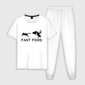 Мужская пижама хлопок с принтом Fast food (черный) в Петрозаводске, 100% хлопок | брюки и футболка прямого кроя, без карманов, на брюках мягкая резинка на поясе и по низу штанин
 | Тематика изображения на принте: fast food | бег | быстрая еда | быстро | догнать | домашние животные | животные | забавные животные | кот | кот и пес | кошка | ловить | любителю собак | пес | преследовать | прикол | смешное