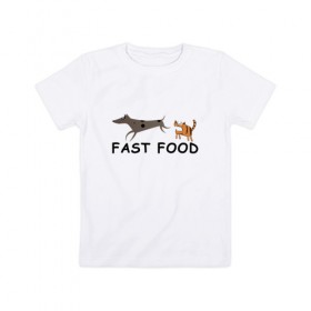 Детская футболка хлопок с принтом Fast food (цвет) в Петрозаводске, 100% хлопок | круглый вырез горловины, полуприлегающий силуэт, длина до линии бедер | fast food | бег | быстрая еда | быстро | догнать | домашние животные | животные | забавные животные | кот | кот и пес | кошка | кошка бежит | кошка и собака | ловить | любителю кошек | пес | преследовать