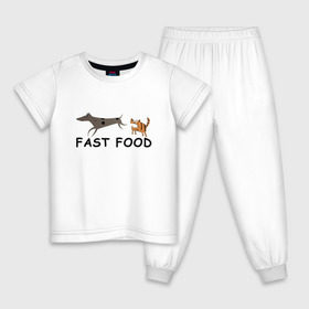 Детская пижама хлопок с принтом Fast food (цвет) в Петрозаводске, 100% хлопок |  брюки и футболка прямого кроя, без карманов, на брюках мягкая резинка на поясе и по низу штанин
 | Тематика изображения на принте: fast food | бег | быстрая еда | быстро | догнать | домашние животные | животные | забавные животные | кот | кот и пес | кошка | кошка бежит | кошка и собака | ловить | любителю кошек | пес | преследовать