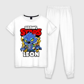 Женская пижама хлопок с принтом BRAWL STARS WEREWOLF LEON в Петрозаводске, 100% хлопок | брюки и футболка прямого кроя, без карманов, на брюках мягкая резинка на поясе и по низу штанин | brawl stars | brawl stars werewolf leon | brawler | leon | werewolf | бравл старз | бравлер | волк | леон | оборотень | оборотень леон