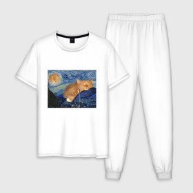 Мужская пижама хлопок с принтом Звёздная ночь и коты в Петрозаводске, 100% хлопок | брюки и футболка прямого кроя, без карманов, на брюках мягкая резинка на поясе и по низу штанин
 | арт | ван гог | животные | звёздная ночь | искусство | картина | котик | коты | кошка | мем | прикол | смешная картинка | юмор