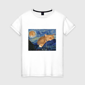 Женская футболка хлопок с принтом Звёздная ночь и коты в Петрозаводске, 100% хлопок | прямой крой, круглый вырез горловины, длина до линии бедер, слегка спущенное плечо | арт | ван гог | животные | звёздная ночь | искусство | картина | котик | коты | кошка | мем | прикол | смешная картинка | юмор