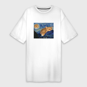 Платье-футболка хлопок с принтом Звёздная ночь и коты в Петрозаводске,  |  | арт | ван гог | животные | звёздная ночь | искусство | картина | котик | коты | кошка | мем | прикол | смешная картинка | юмор