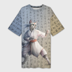 Платье-футболка 3D с принтом Karate cat в Петрозаводске,  |  | боевое искусство | боец | карате | каратэ | каратэ боец | каратэ воин | каратэ до | карте кёкусинкай | кёкусинкай | киокусинкай | пустая рука | путь пустой руки | рука тан | самооборона