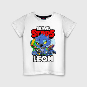 Детская футболка хлопок с принтом BRAWL STARS LEON в Петрозаводске, 100% хлопок | круглый вырез горловины, полуприлегающий силуэт, длина до линии бедер | brawl stars | brawl stars leon | brawler | leon | shark | werewolf | акула | бравл старз | бравлер | леон | оборотень