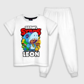 Детская пижама хлопок с принтом BRAWL STARS LEON в Петрозаводске, 100% хлопок |  брюки и футболка прямого кроя, без карманов, на брюках мягкая резинка на поясе и по низу штанин
 | brawl stars | brawl stars leon | brawler | leon | sally | shark | werewolf | акула | бравл старз | бравлер | леон | оборотень | салли
