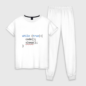 Женская пижама хлопок с принтом Code - sleep в Петрозаводске, 100% хлопок | брюки и футболка прямого кроя, без карманов, на брюках мягкая резинка на поясе и по низу штанин | c | c++ | code | coder | computer | hacker | java | programm | tag | жизнь | код | кодер | программа | программист | сон | хакер | хочу спать