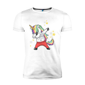Мужская футболка хлопок Slim с принтом Единорог в Петрозаводске, 92% хлопок, 8% лайкра | приталенный силуэт, круглый вырез ворота, длина до линии бедра, короткий рукав | art | dab | love candy | rainbow unicorn | stars | unicorn | арт | единорог | звезды | радужный единорог