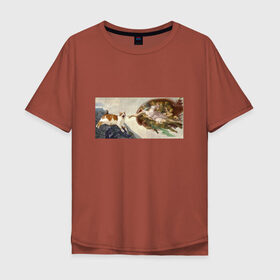 Мужская футболка хлопок Oversize с принтом Сотворение Адама и кот в Петрозаводске, 100% хлопок | свободный крой, круглый ворот, “спинка” длиннее передней части | mem | memes | весело | искусство | кот | котик | мем | прикол | сотворение адама