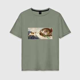 Женская футболка хлопок Oversize с принтом Сотворение Адама и кот в Петрозаводске, 100% хлопок | свободный крой, круглый ворот, спущенный рукав, длина до линии бедер
 | Тематика изображения на принте: mem | memes | весело | искусство | кот | котик | мем | прикол | сотворение адама