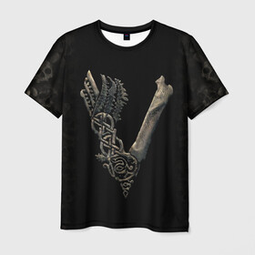Мужская футболка 3D с принтом Vikings (bones logo) в Петрозаводске, 100% полиэфир | прямой крой, круглый вырез горловины, длина до линии бедер | bones | good | skull | viking | vikings | бог | викинг | викинги | кости | скандинавы | череп | язычник